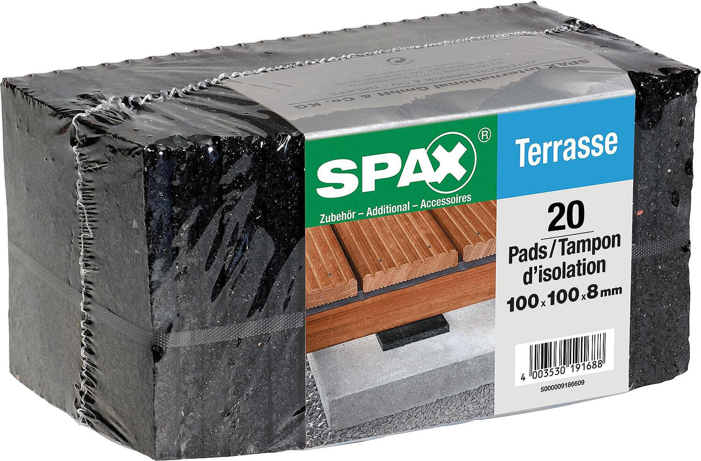Patins de terrasse SPAX pour la protection des structures en bois. Dimensions : 100 x 100 x 8 mm, lot de 20 pièces.