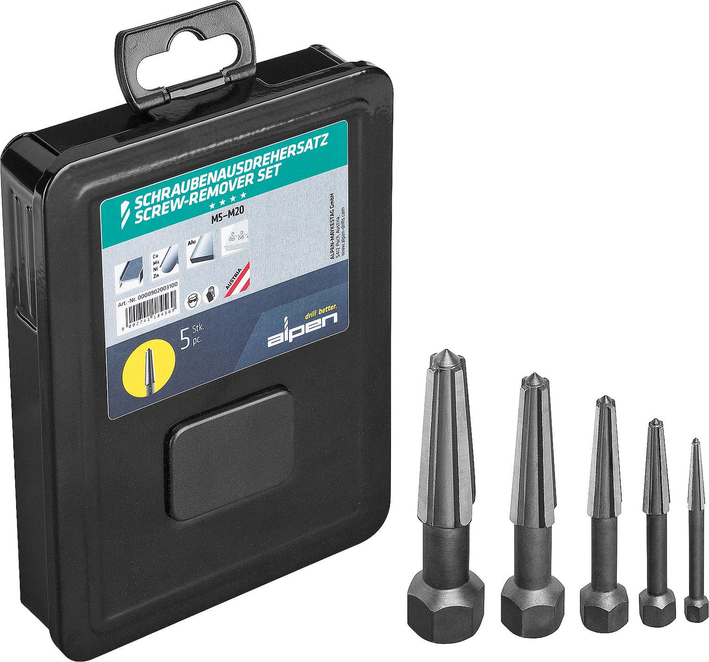 Schraubenausdreherset ALPEN 5-teilig M5-M20 in Metallkassette