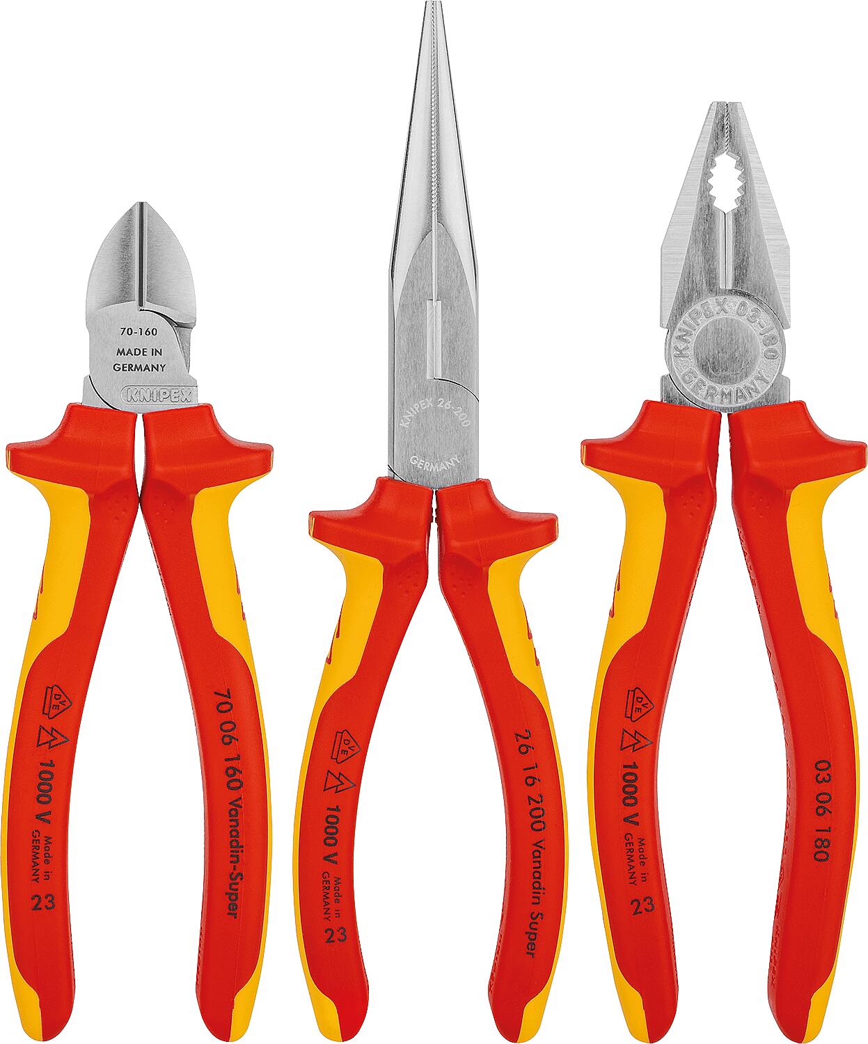 KNIPEX 3-piece pliers set consisting of side cutters, flat-nose pliers and combination pliers