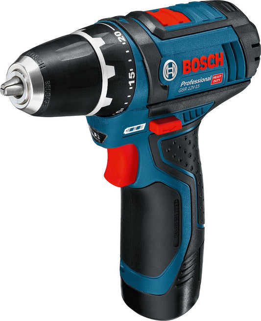 Bosch GSR 12V-15 12V cordless drill/driver with 2 x 2.0 Ah batteries and charger