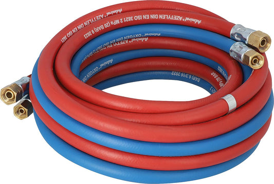 Acetylene and oxygen, pre-assembled. 9x3.5mm(A), 6x5.0mm(S), 5 mtr. nozzle and union nut 1/4" right 3/8" left.