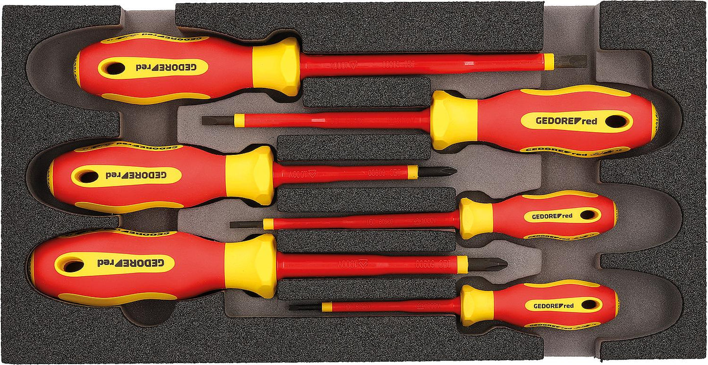 Jeu de 6 tournevis rouges GEDORE, plats/Phillips, VDE