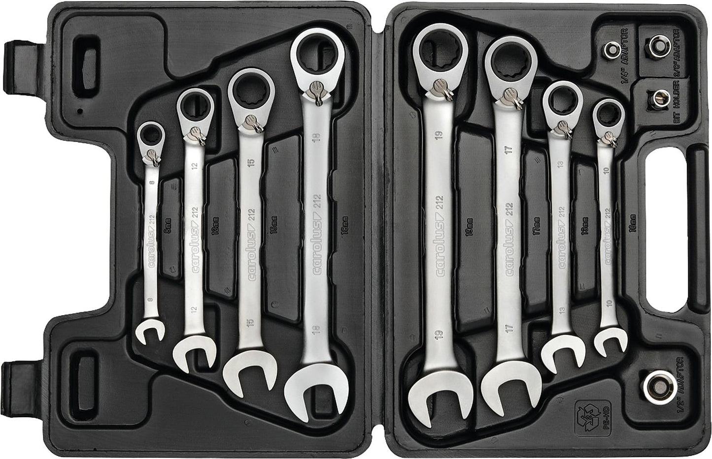 Ringratschenmaulschlüssel-Satz mit Adaptern, metrisch, umschaltbar