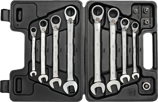 Ringratschenmaulschlüssel-Satz mit Adaptern, metrisch, umschaltbar