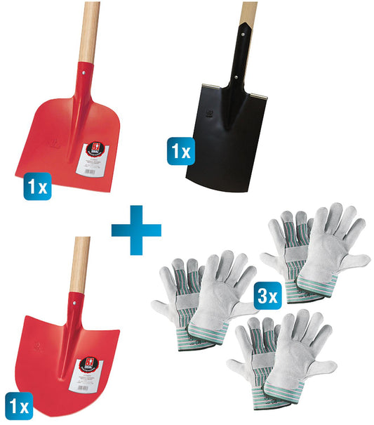 Schaufel-Spaten-Set 6-teilig 2x Schaufel, 1x Spaten, 3x Arbeitshandschuhe (Paar)