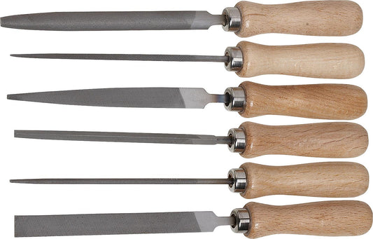 Jeu de 6 limes à métaux, longueur de coupe : 100 mm, tranchant : 2, avec manche en bois et étui en plastique