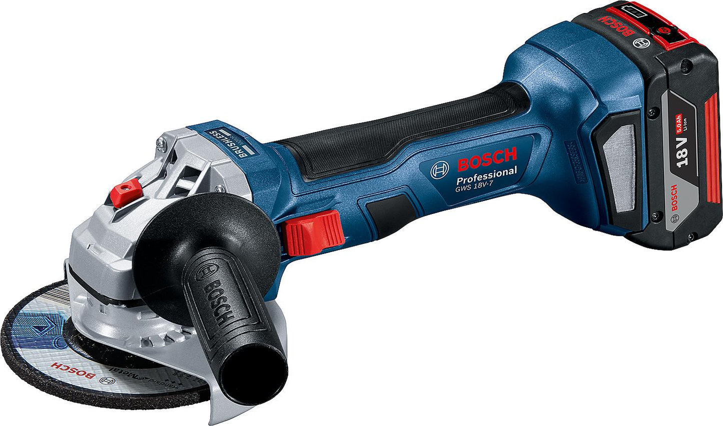 Bosch 18V GWS 18V-7 cordless angle grinder with 2 x 4.0 Ah batteries and charger