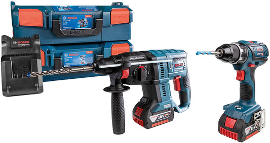 BOSCH 18V battery set consisting of GSR 18V-55 cordless drill/driver, GBH 18V-21 cordless rotary hammer including 2 x 4.0 Ah batteries and charger