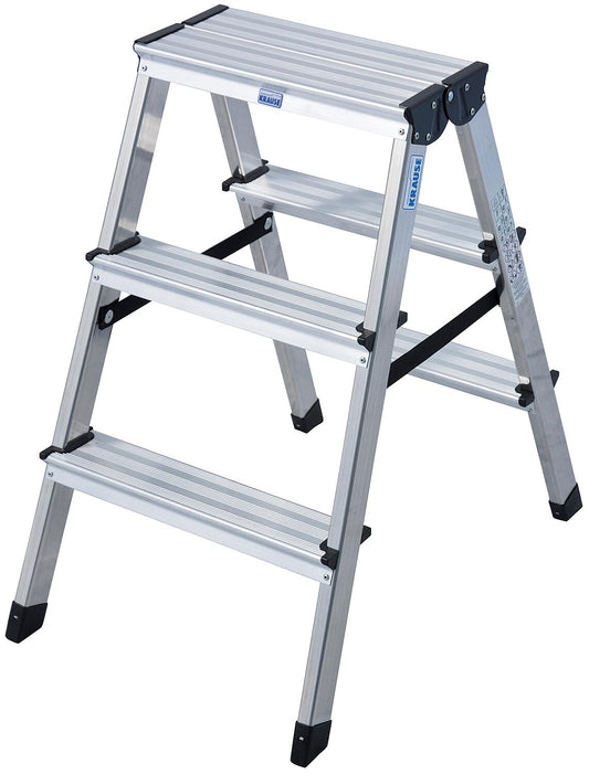 Step double ladder. Working height 2.22 m, standing height 0.72 m, length 0.72 m, 2x3 steps.