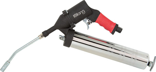 Pneumatic grease gun with nozzle tube and gripping coupling for 400g grease cartridges
