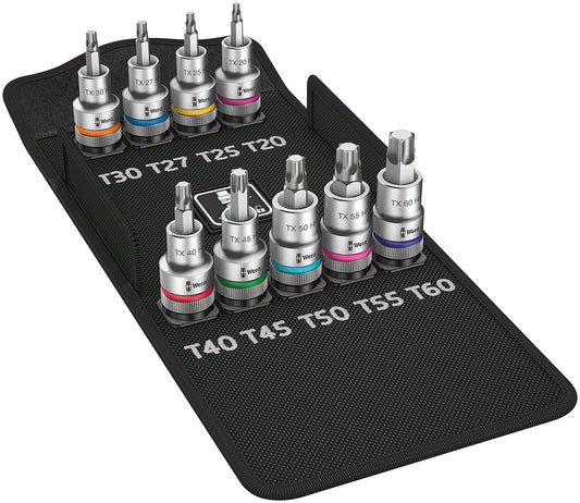 Satz Steckschlüsseleinsatz WERA 9-teilig, 1/2", TORX® mit Halte- funktion, T20-60, kurz