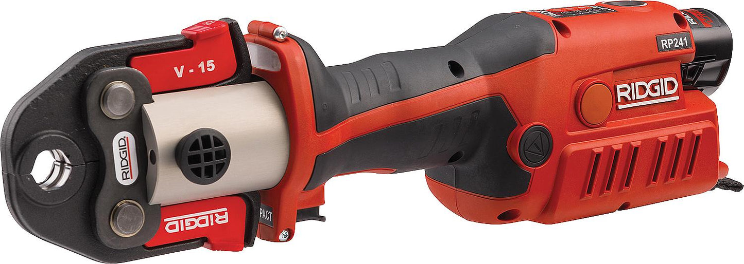 RIDGID RP241 12V battery-powered crimping machine with 2x 2.5 Ah batteries and charger