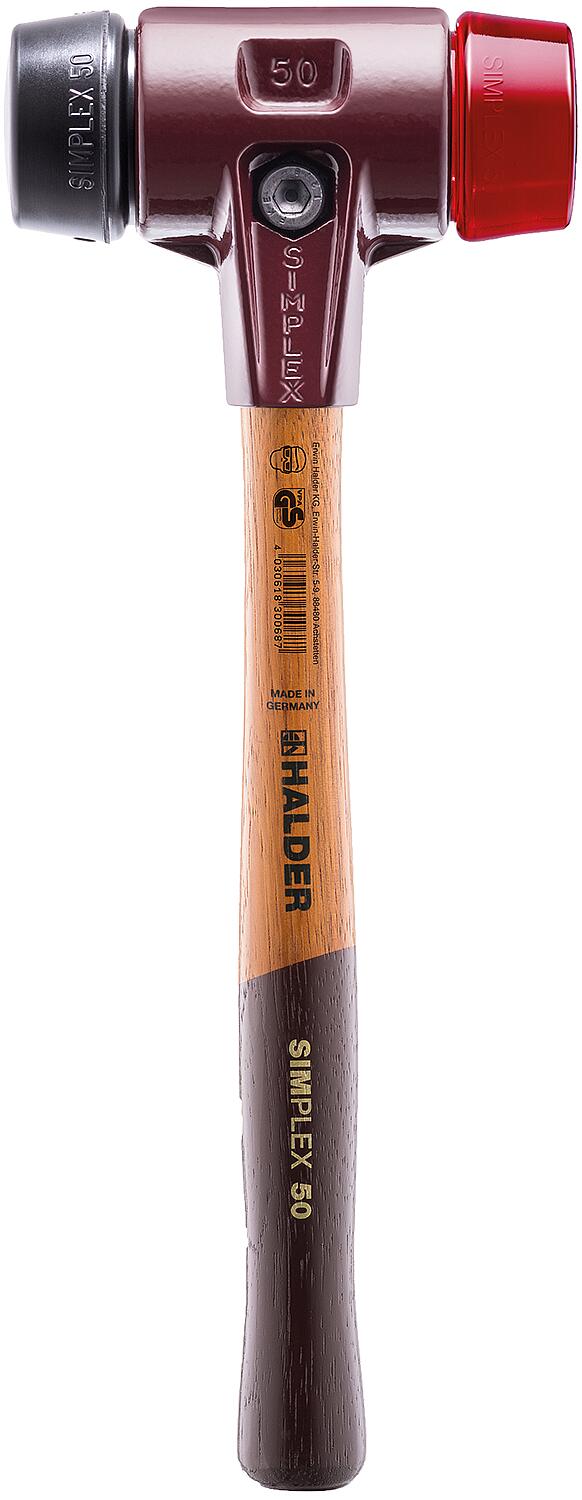 SIMPLEX soft-faced hammer HALDER® with cast steel housing and wooden handle, Ø 30 mm, rubber composition / plastic
