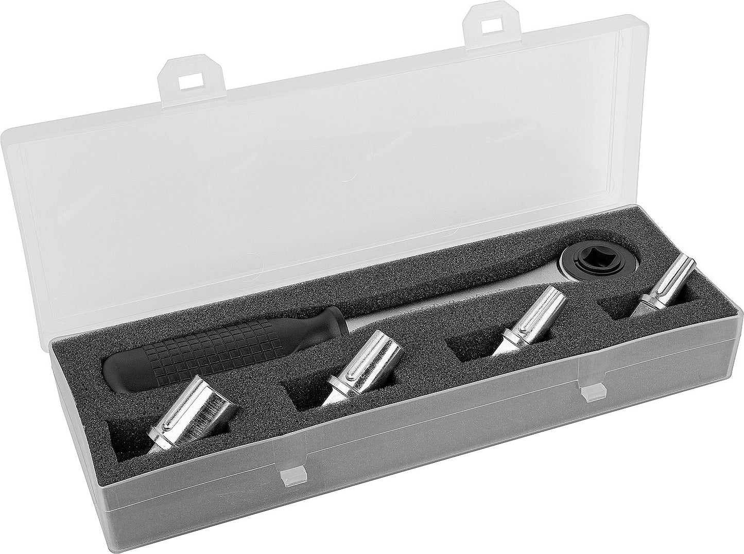 Stepped wrench ratchet set with inserts sizes 3/8"+1/2"+3/4"+1"