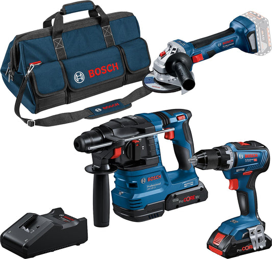 18V 3-piece battery set consisting of drill/driver, rotary hammer, angle grinder and 2x 4.0 Ah ProCORE batteries and charger