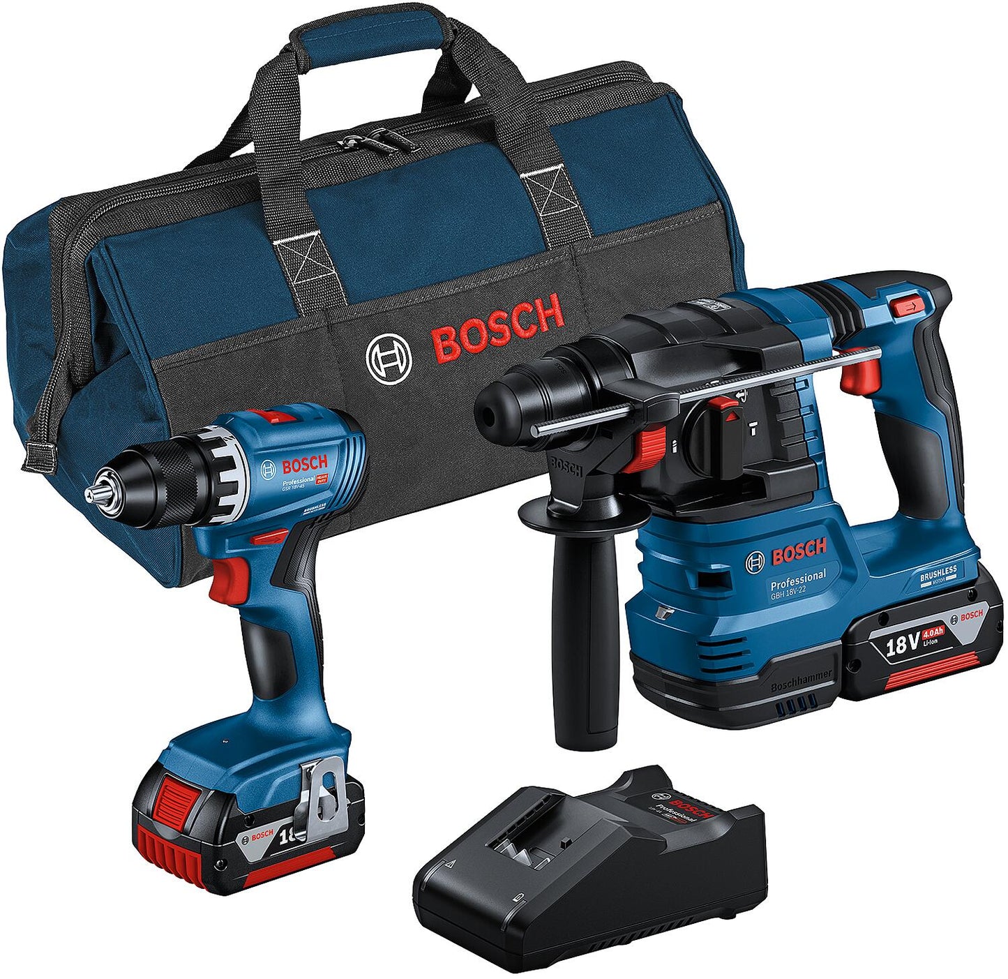 Bosch 2-piece 18V battery set, including GSR 18V-45 drill/driver, GBH 18V-22 rotary hammer, 2 x 4.0 Ah batteries, charger and carrying case
