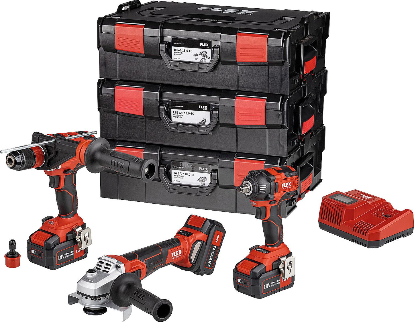 Flex 18V battery set consisting of drill/driver, impact driver, angle grinder, with 3 x 5.0 Ah batteries and charger