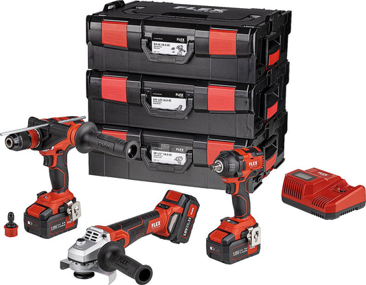 Ensemble de batteries Flex 18V comprenant une perceuse-visseuse, une visseuse à percussion, une meuleuse d'angle, avec 3 batteries de 5,0 Ah et un chargeur.