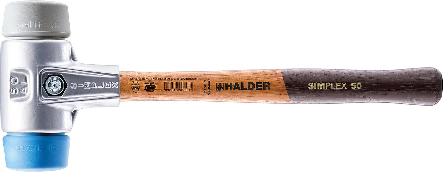 SIMPLEX soft-faced hammer Halder with aluminum housing and wooden handle, TPE-soft/TPE-mid, Ø 30 mm