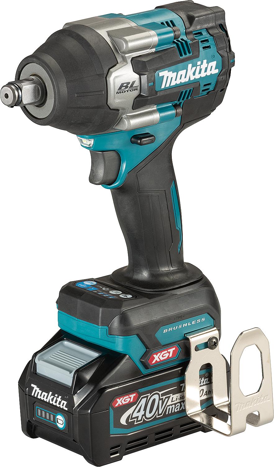 Makita 40V TW007GM201 cordless impact wrench with 2x 4.0 Ah batteries and charger