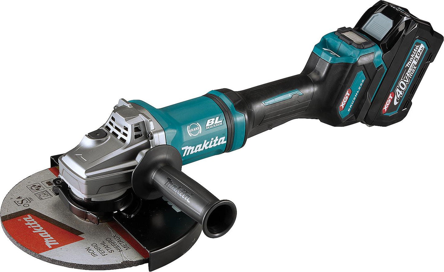 Makita 40V GA038GT201 cordless angle grinder with 2 x 5.0 Ah batteries and charger