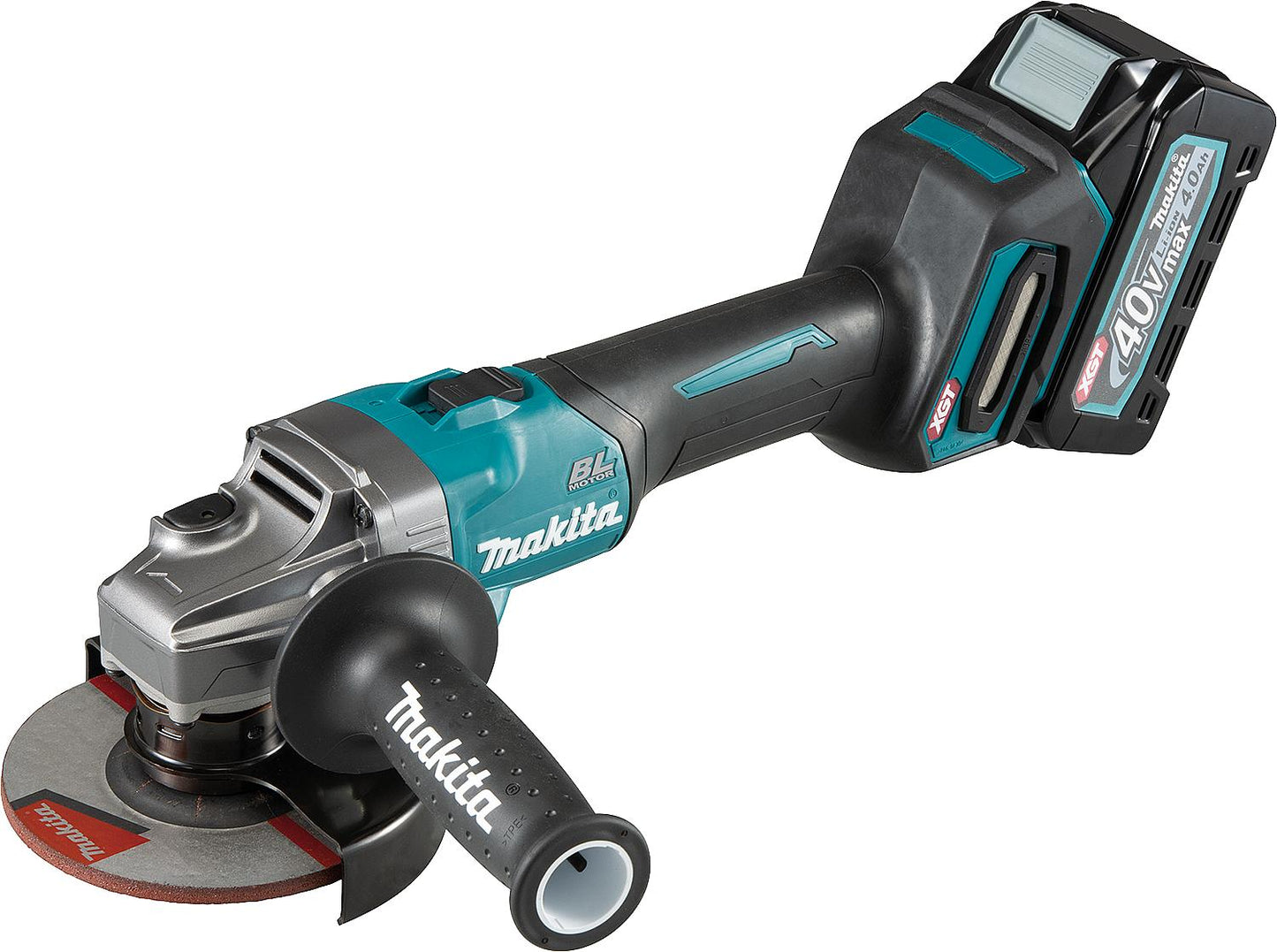 Makita 40V GA008GM201 cordless angle grinder with 2x 4.0 Ah batteries and charger