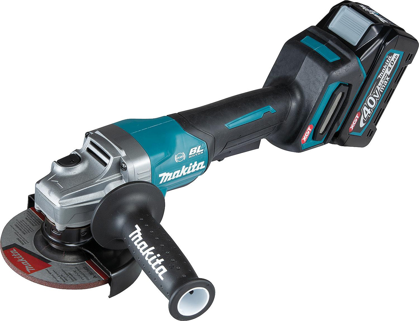 Makita 40V GA013GM201 cordless angle grinder with 2x 4.0 Ah batteries and charger
