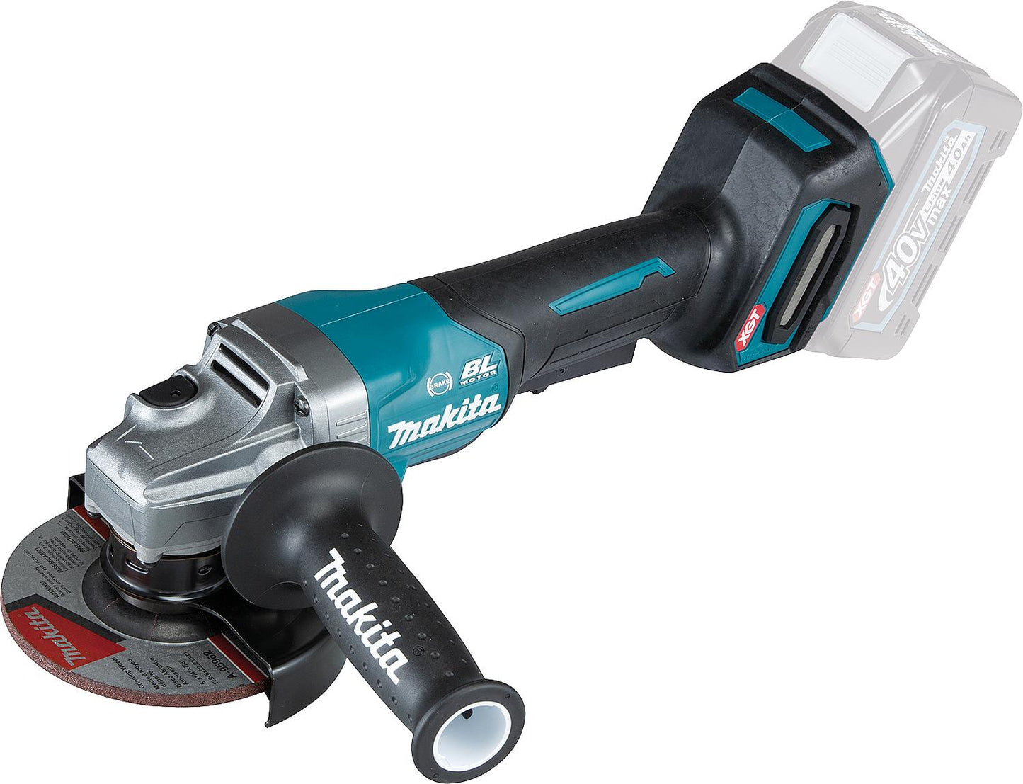 Makita 40V GA013GM201 cordless angle grinder with 2x 4.0 Ah batteries and charger