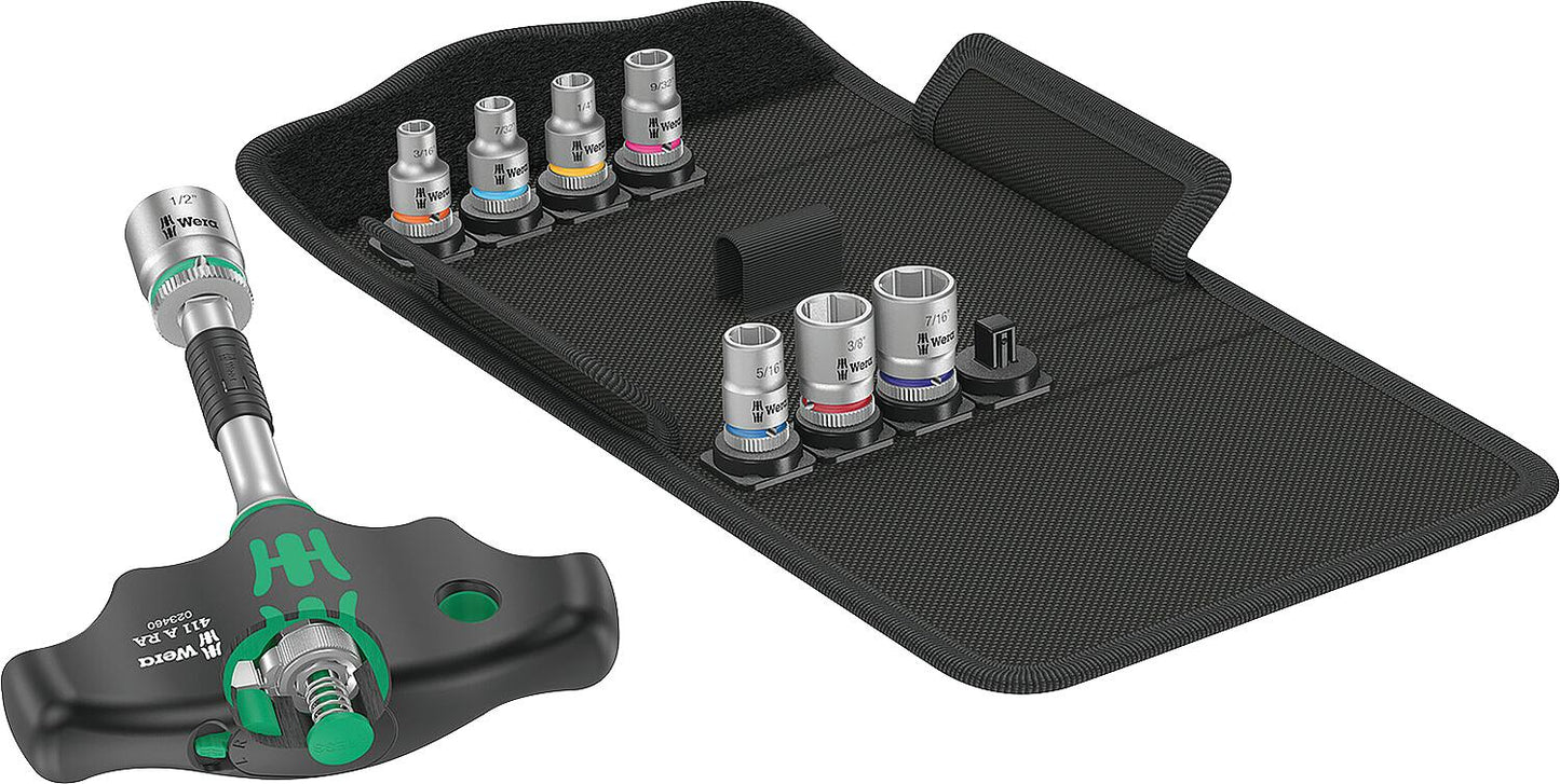 WERA Kraftform Kompakt 400 RA Imperial 2 T-handle adapter screwdriver set for 1/4" socket wrench inserts, 10-piece
