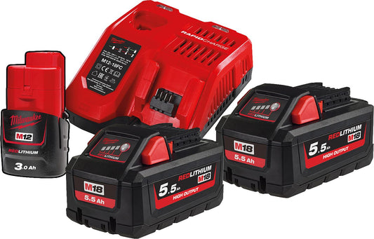 Akku-Set Milwaukee M18HNRG-552, 12 V, 1 x 3,0 Ah und 18 V, 2 x 5,5 Ah Akkus und 1 x Ladegerät