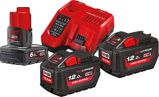 Akku-Set Milwaukee M18HNRG-122, 18V mit 2x 12,0 Ah und 12V 1x 6,0 Ah Akkus und Ladegerät