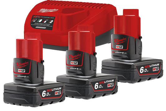 Akku-Set Milwaukee M12NRG-603, 12V mit 3x 6,0 Ah Akkus und Ladegerät