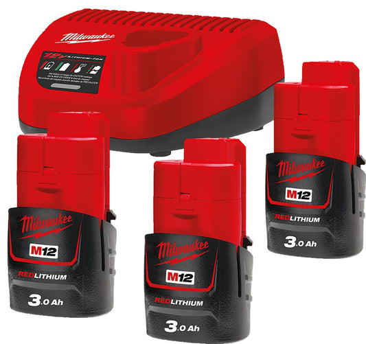 Akku-Set Milwaukee M12NRG-303, 12V mit 3x 3,0 Ah Akkus und Ladegerät