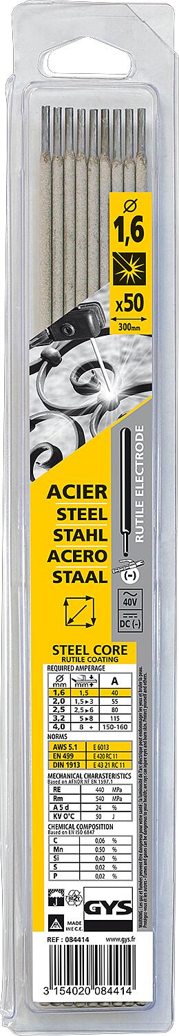 Stick electrode Ø 1.6 mm for steel in plastic blister pack, pack size = 50 pieces