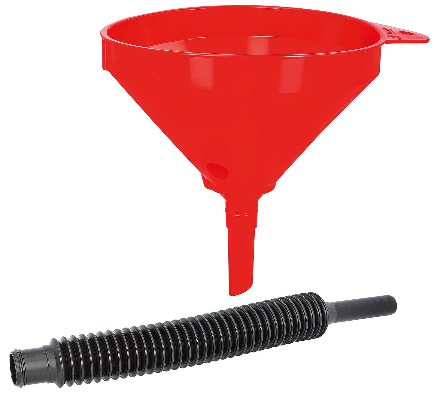 Funnel 210 mm HD-PE, with sieve, red, flexible outlet 460 mm