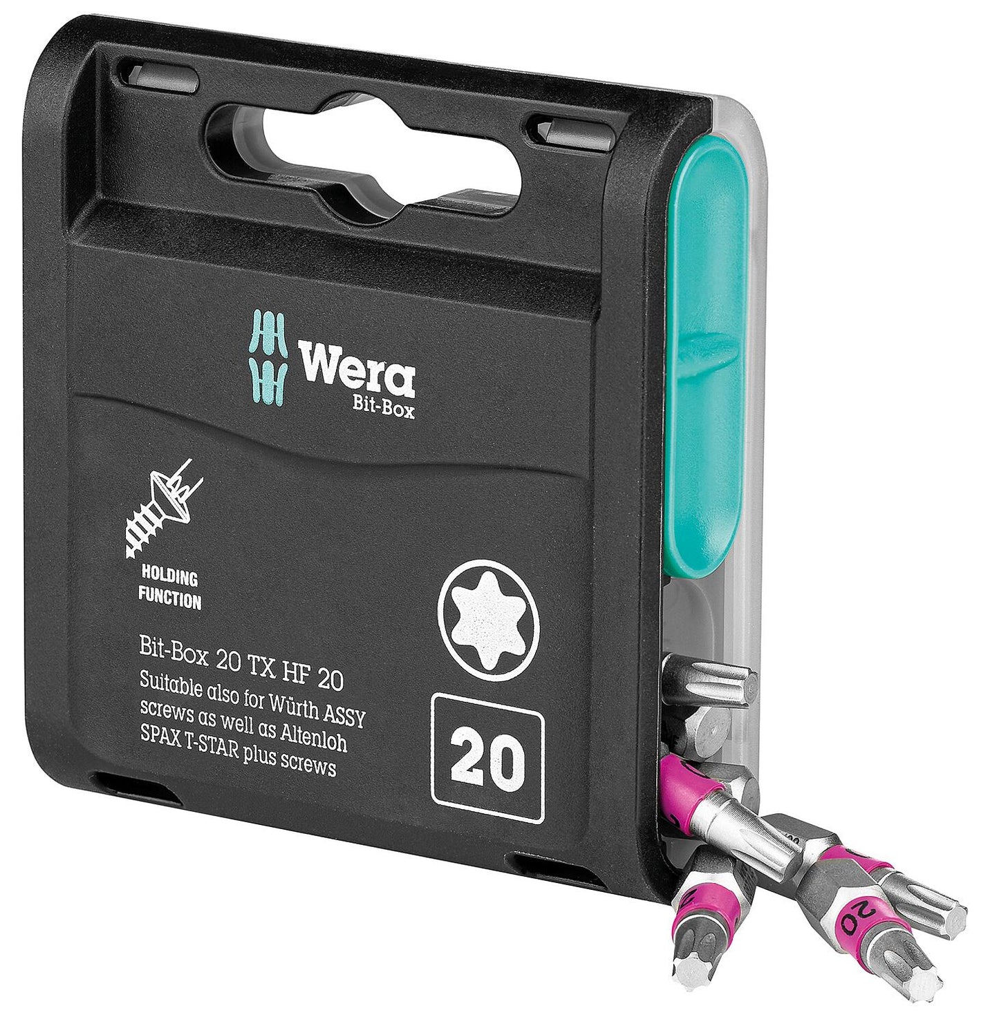 Wera Torx® Bit Box 20 TX HF, 1/4" drive, short, tough, with holding function, T20 x 25 mm, pack of 20.