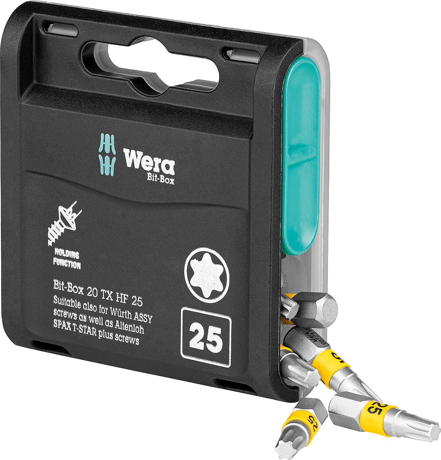 Wera Torx® Bit Box 20 TX HF, 1/4" drive, short, tough, with holding function, T20 x 25 mm, pack of 20.
