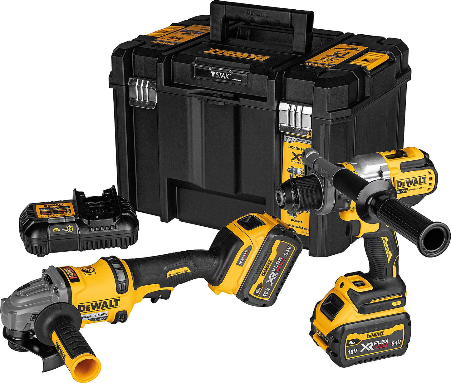 DeWalt 2-piece battery set including impact drill/driver, angle grinder, 2 x 6 Ah batteries and charger