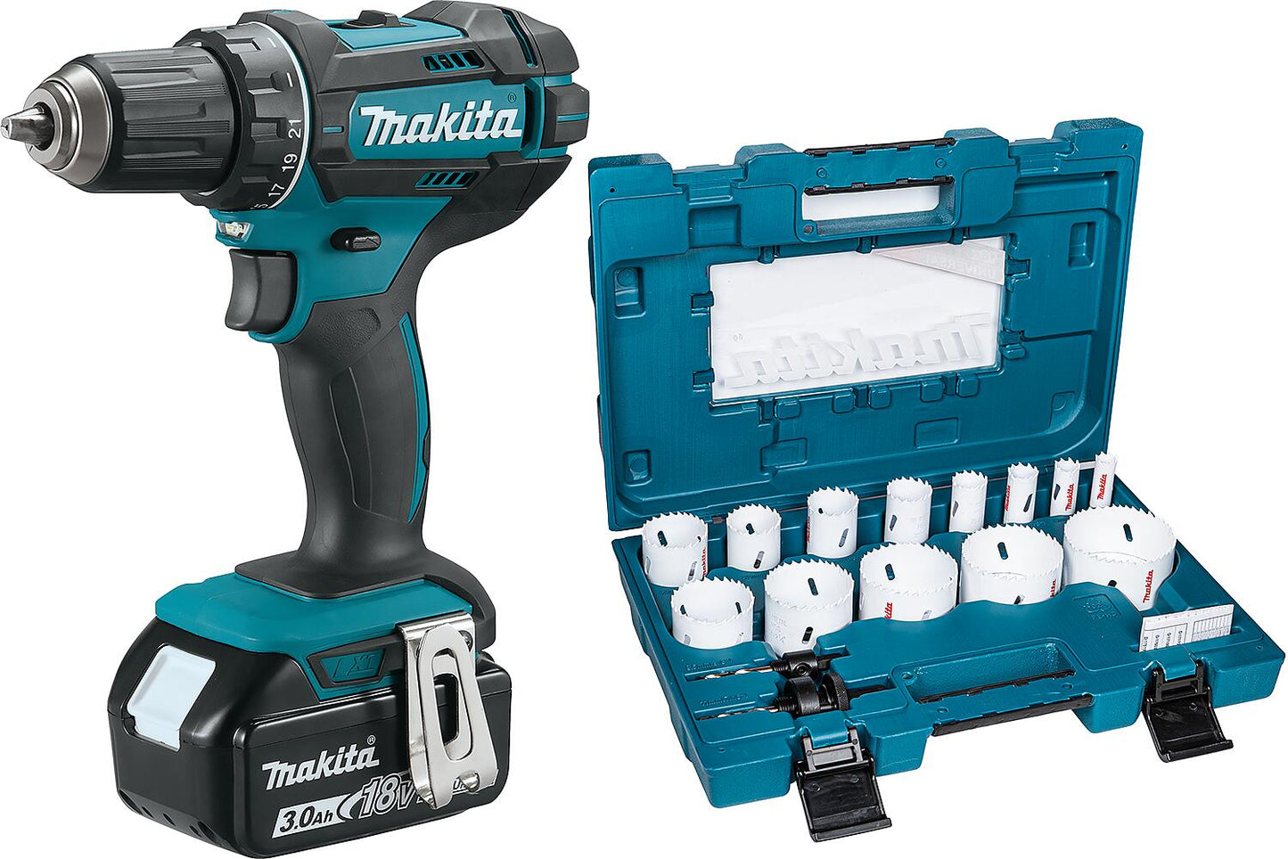 Perceuse-visseuse sans fil DDF482RFJ, 18 V, avec 2 batteries de 3,0 Ah, chargeur et jeu de 16 scies cloches.