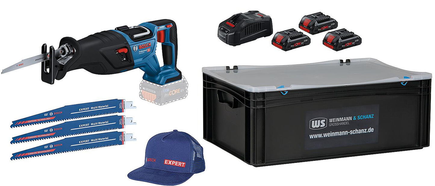 Value pack: GSA 18V-28 cordless reciprocating saw, 18 V with 3 x 4.0 Ah ProCORE batteries, charger, reciprocating saw blades and WS transport case