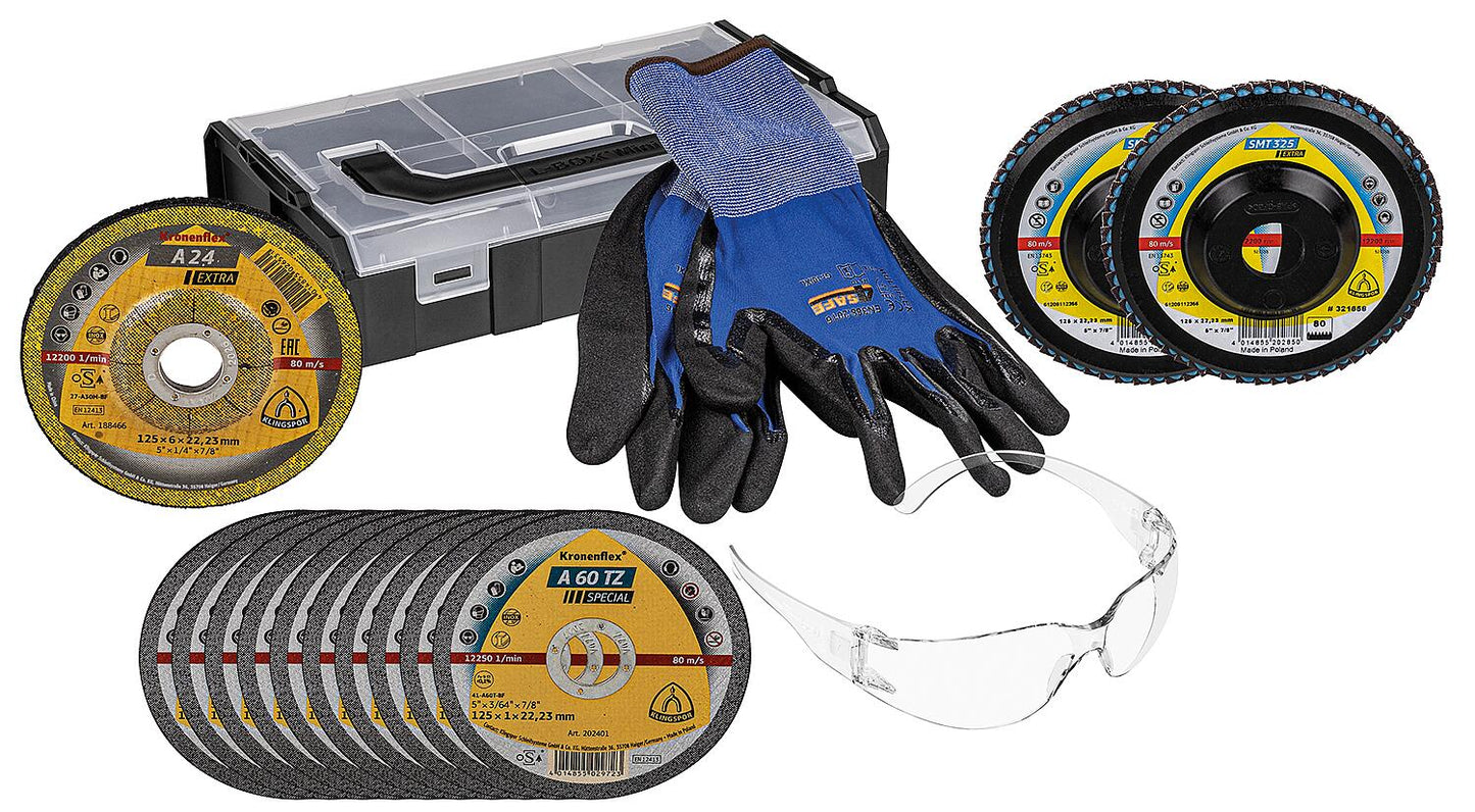 Klingspor 15-piece grinding disc set with safety glasses and gloves in L-Boxx Mini