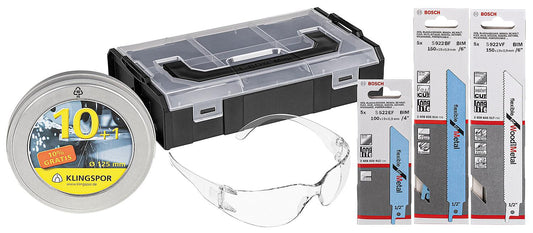 Coffret de 26 lames et disques de coupe pour scie alternative avec lunettes de sécurité dans une boîte L-Boxx Mini