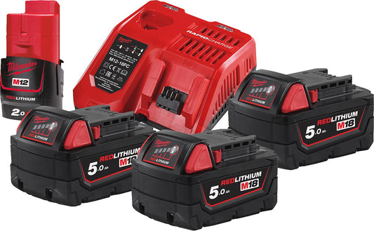 Akku-Set Milwaukee M18 HNRG-503 12V mit 1x 2,0 Ah Akku und 18 V mit 3x 5,0 Ah Akkus und Ladegerät