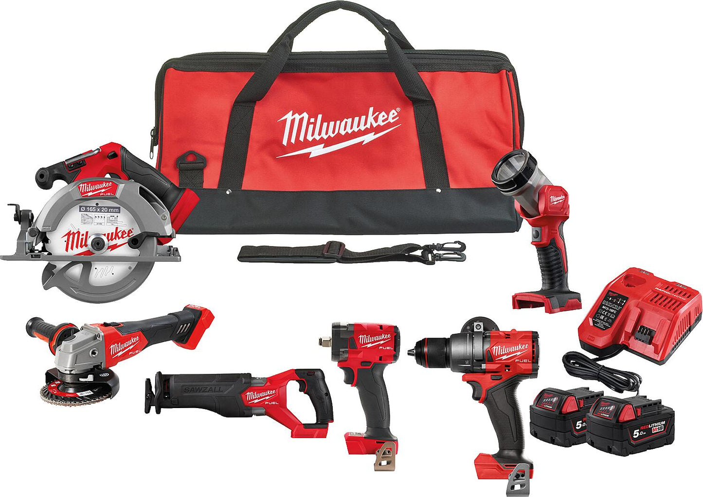 Ensemble de 6 batteries Milwaukee M18 FPP6H3-502B 18 V, comprenant 2 batteries de 5,0 Ah et un chargeur.