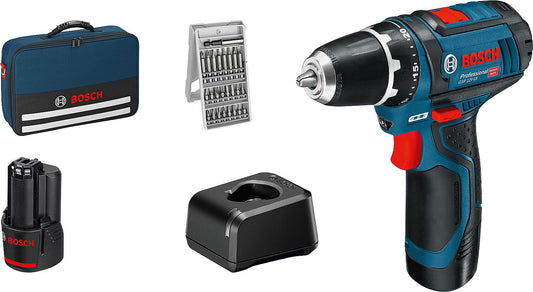 Bosch GSR 12V-15 12V cordless drill/driver with 2 x 2.0 Ah batteries and charger, including 25-piece bit set.