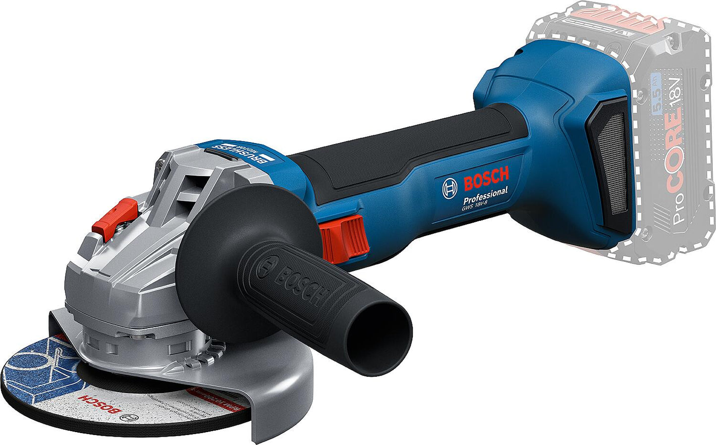BOSCH GWS 18V-8 cordless angle grinder with 2x 5.0 Ah batteries and charger