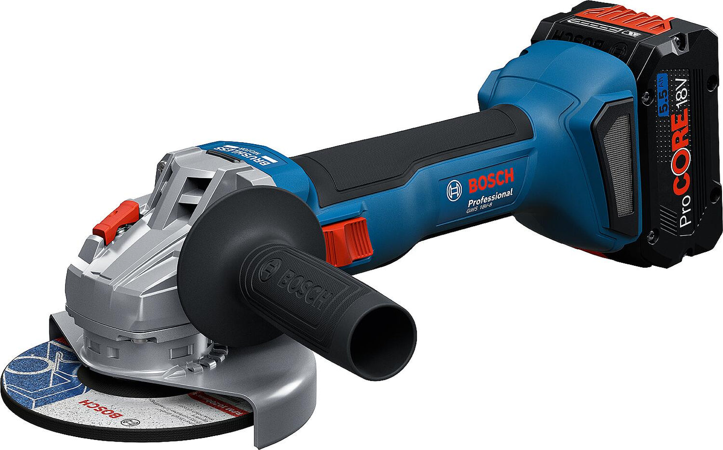 BOSCH GWS 18V-8 cordless angle grinder with 2x 5.0 Ah batteries and charger