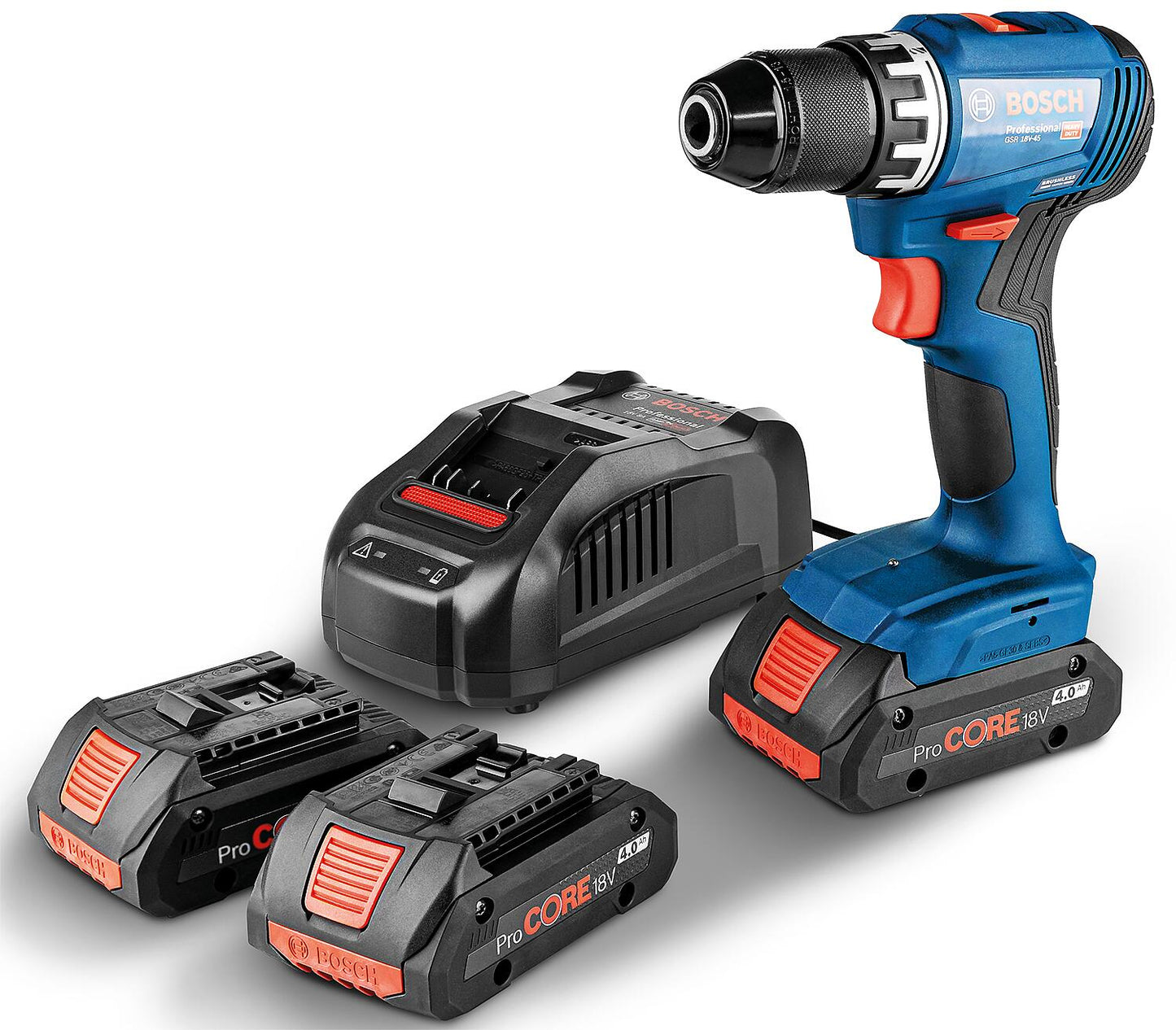 Bosch GSR 18V-45 18V cordless drill/driver with 3 x 4.0 Ah ProCORE batteries and charger