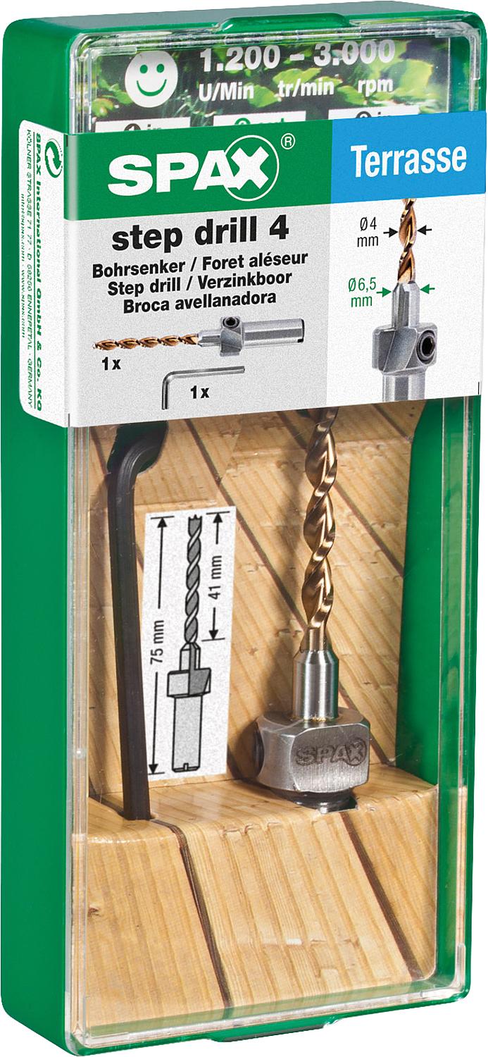 SPAX® countersink set: 1x 4 mm wood drill bit, 1x 6.5 mm countersink bit, 1x Allen key