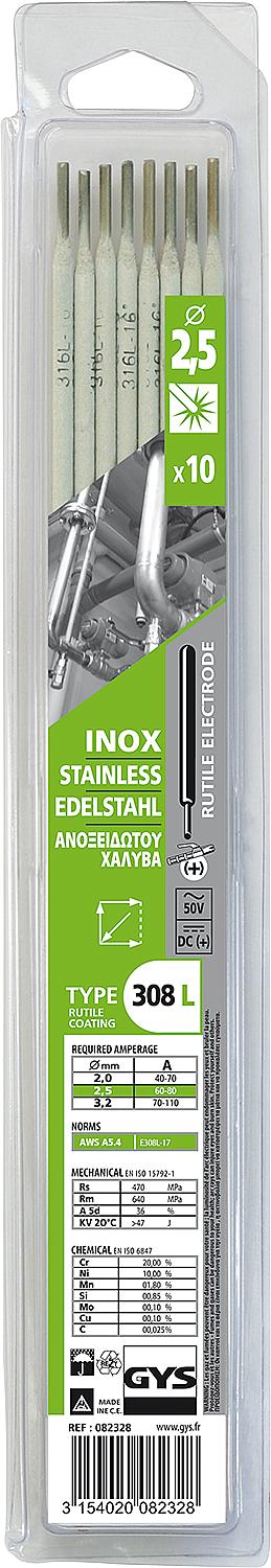 Stick electrode Ø 2.5 mm for stainless steel 308L, in plastic blister pack, pack size = 10 pieces